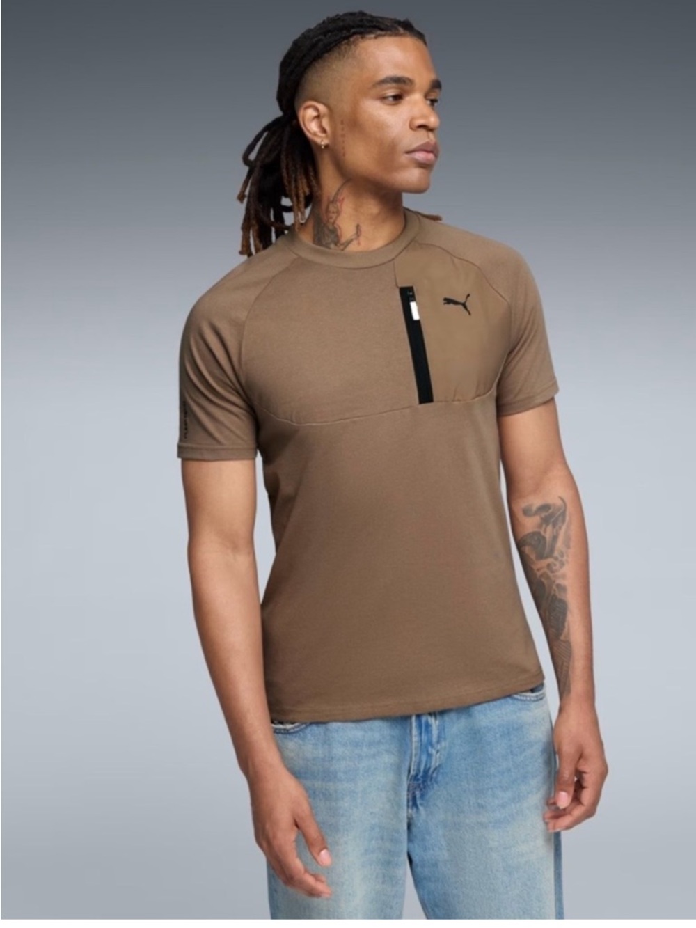 Puma Men’s Short Sleeve Taupe/Brown Crew Tee with Chest Zip Pocket